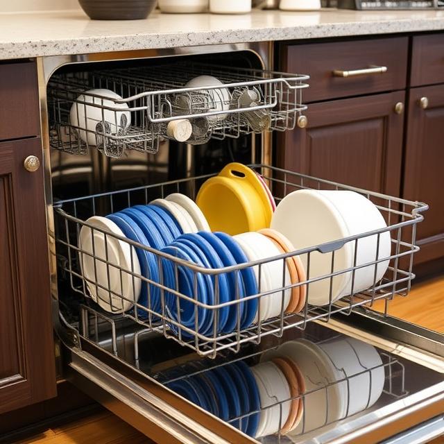 Modern dishwasher with clean dishes inside showing proper loading