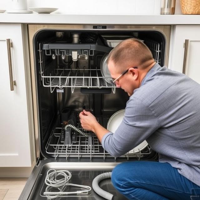 Professional dishwasher repair technician servicing a Bosch dishwasher in The Woodlands TX home - Same Day Dishwasher Repair Service