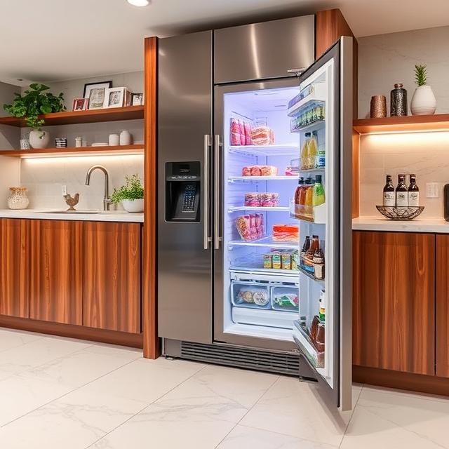 Professional refrigerator repair technician servicing a French door refrigerator in The Woodlands TX home - Same Day Refrigerator Repair Service