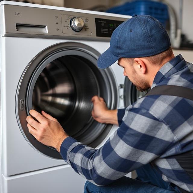 Front load washing machine with open door showing drum